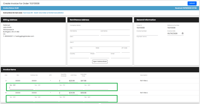PetSmart CA invoice highlighted tax fields